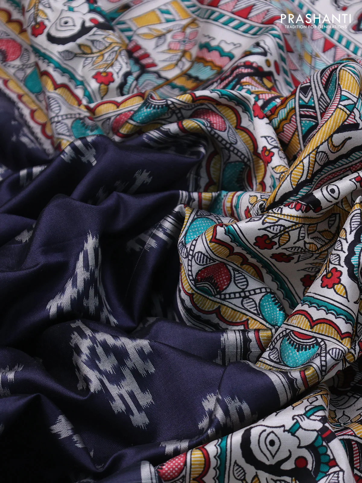 Pochampally silk saree elephant grey and cream with allover ikat woven buttas and madhubani prints - Image 3
