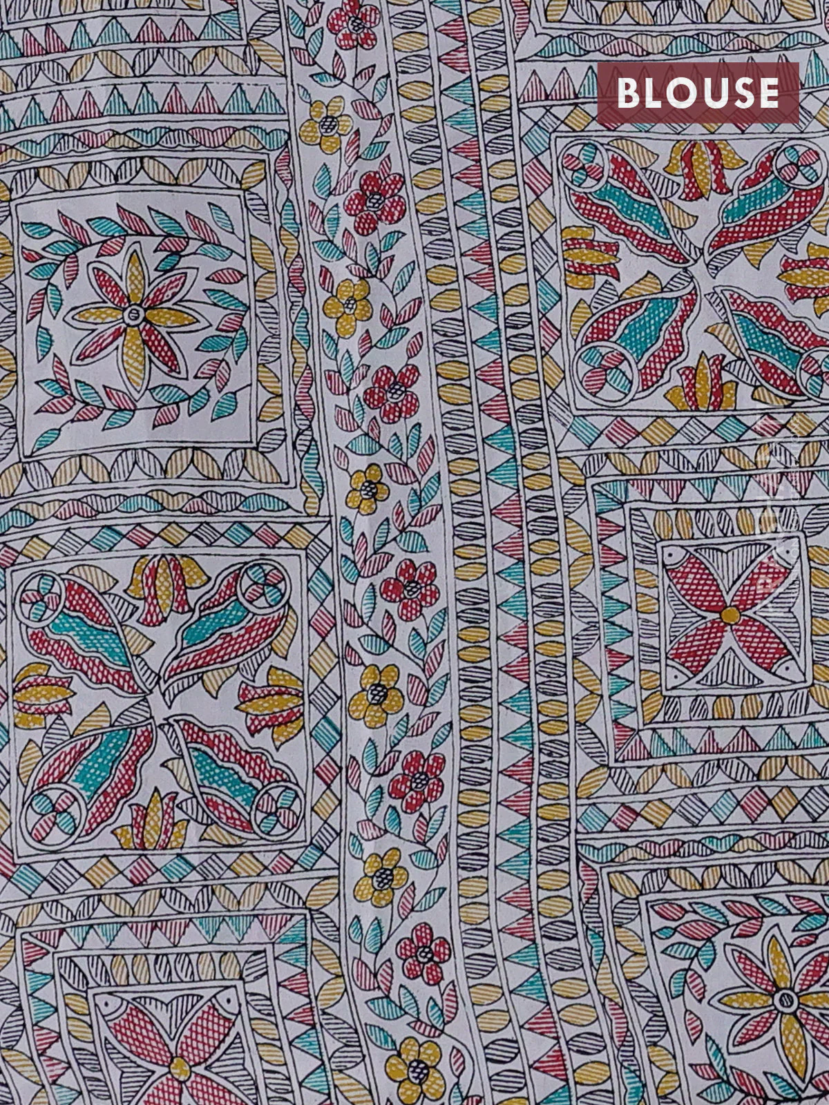Pochampally silk saree elephant grey and cream with allover ikat woven buttas and madhubani prints - Image 4