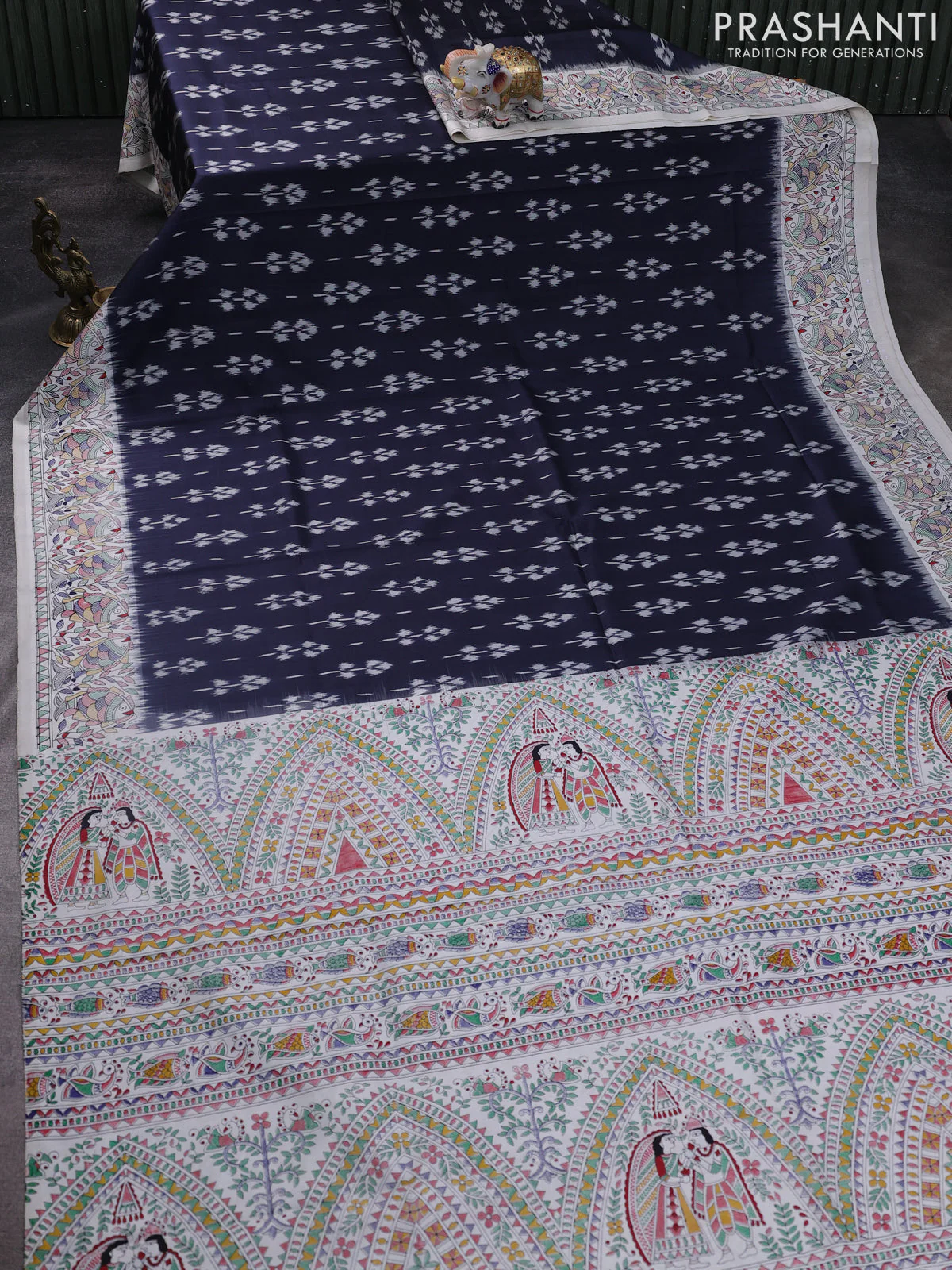 Pochampally silk saree elephant grey and off white with allover ikat woven buttas and madhubani prints - Image 2