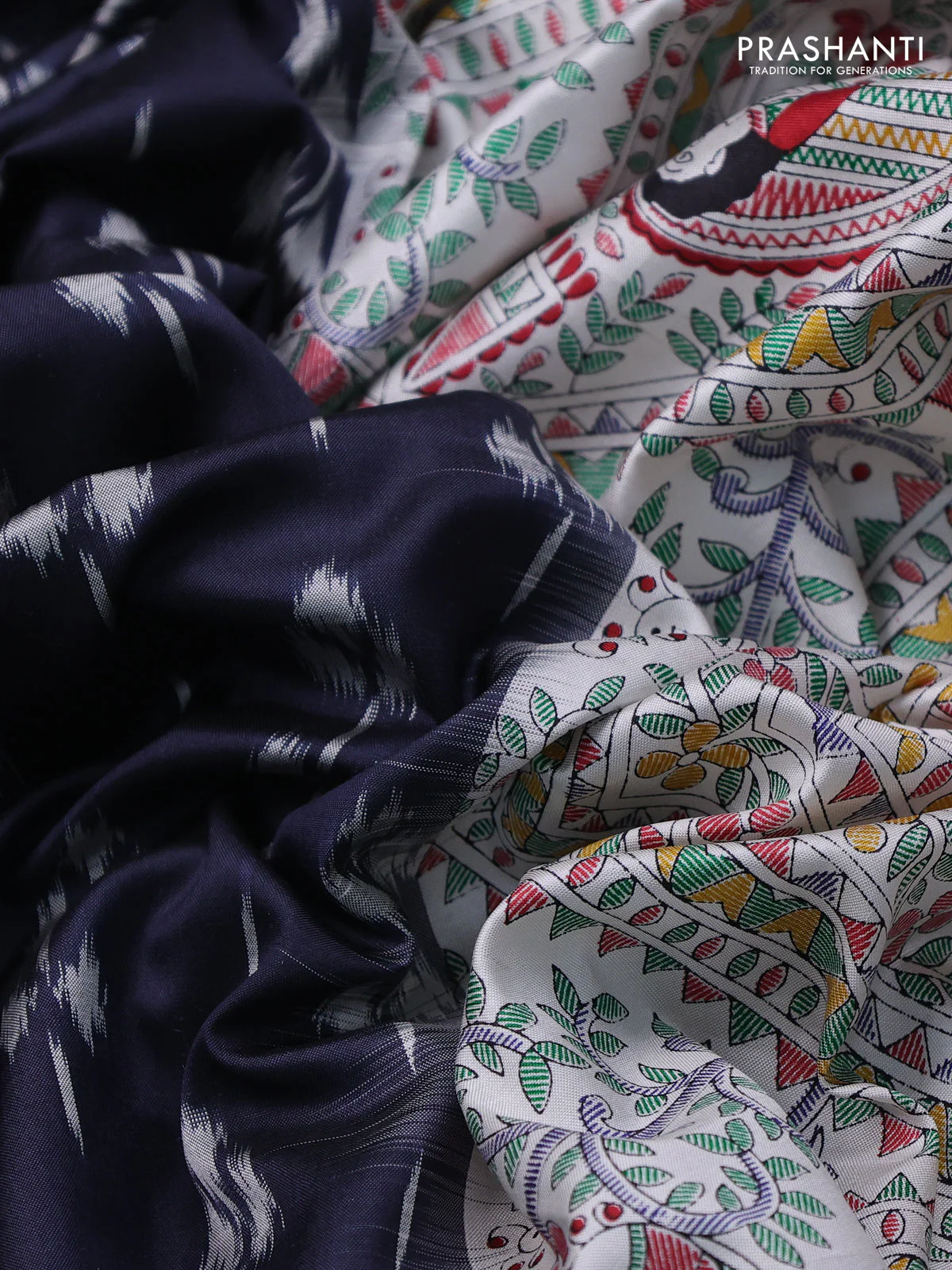 Pochampally silk saree elephant grey and off white with allover ikat woven buttas and madhubani prints - Image 3