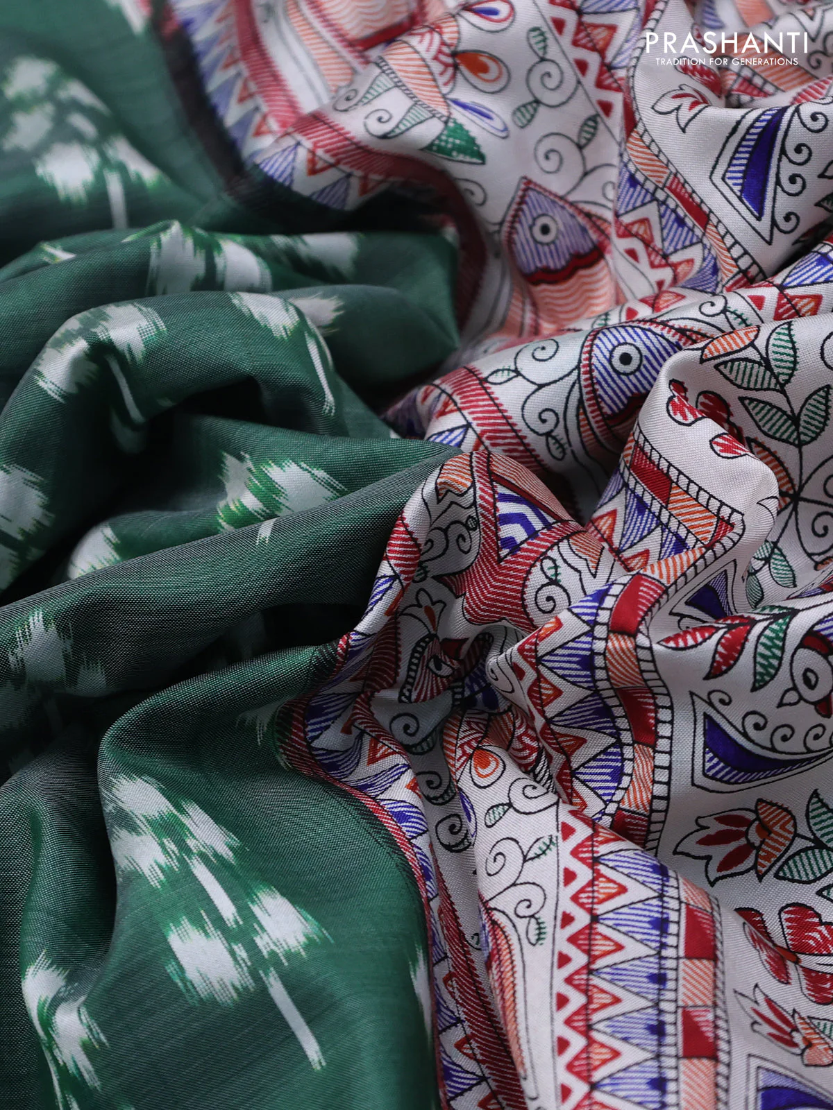 Pochampally silk saree green and cream with allover ikat woven buttas and madhubani prints - Image 3