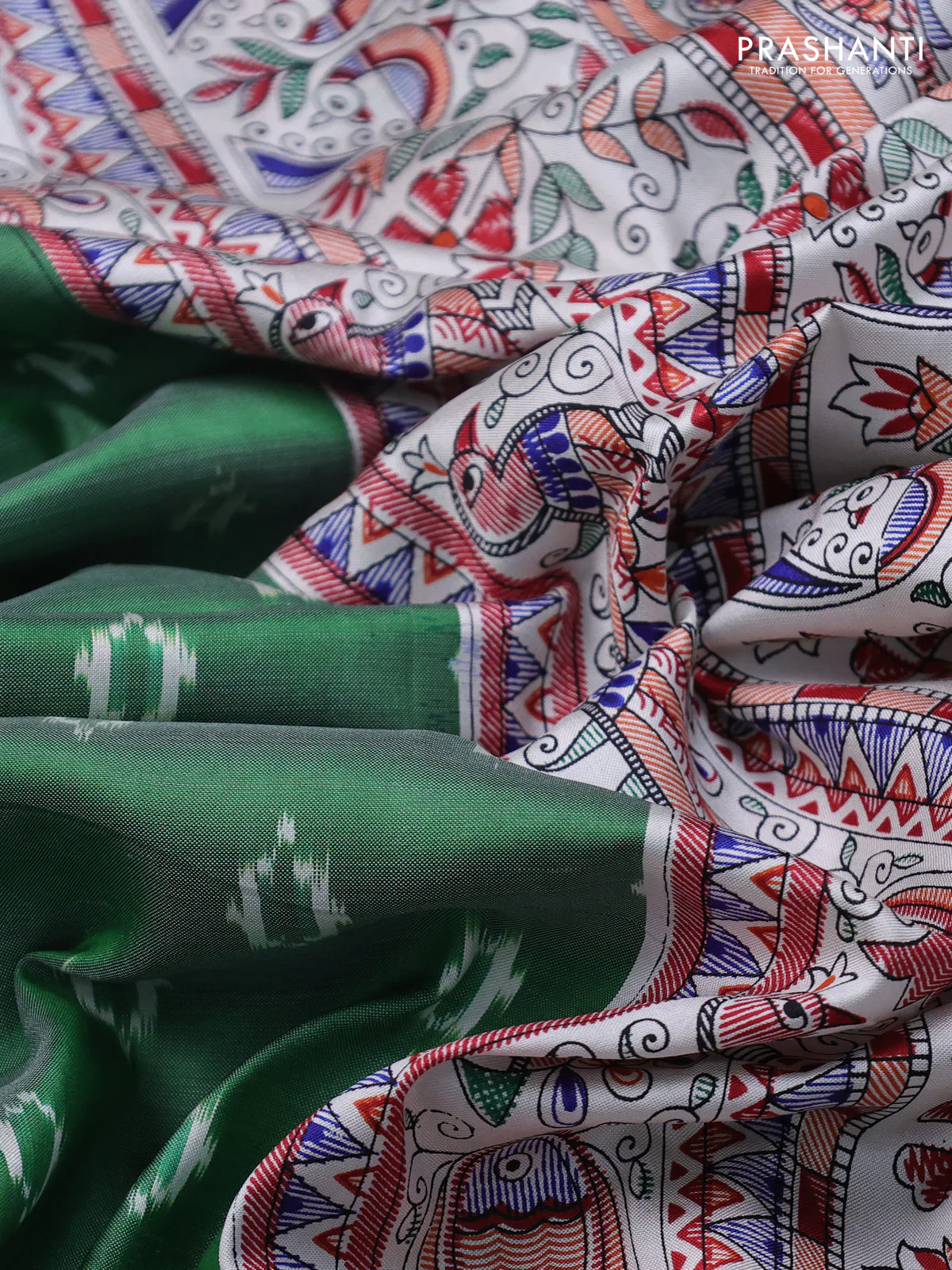 Pochampally silk saree green and cream with allover ikat woven buttas and madhubani prints - Image 3