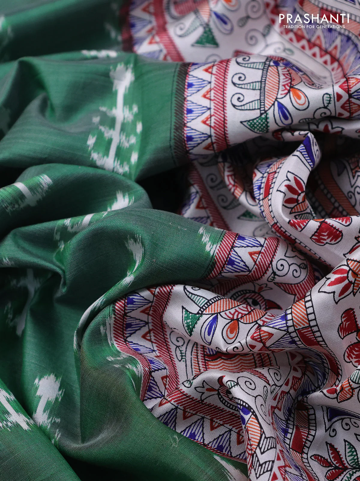 Pochampally silk saree green and cream with allover ikat woven buttas and madhubani prints - Image 3
