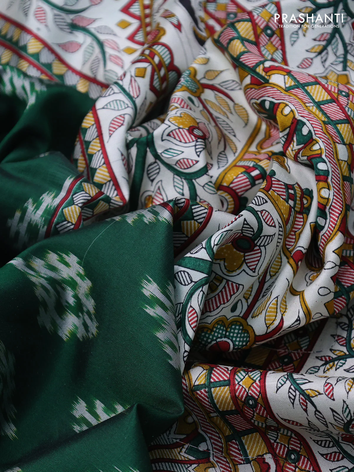 Pochampally silk saree green and off white with allover ikat woven buttas and madhubani prints - Image 3