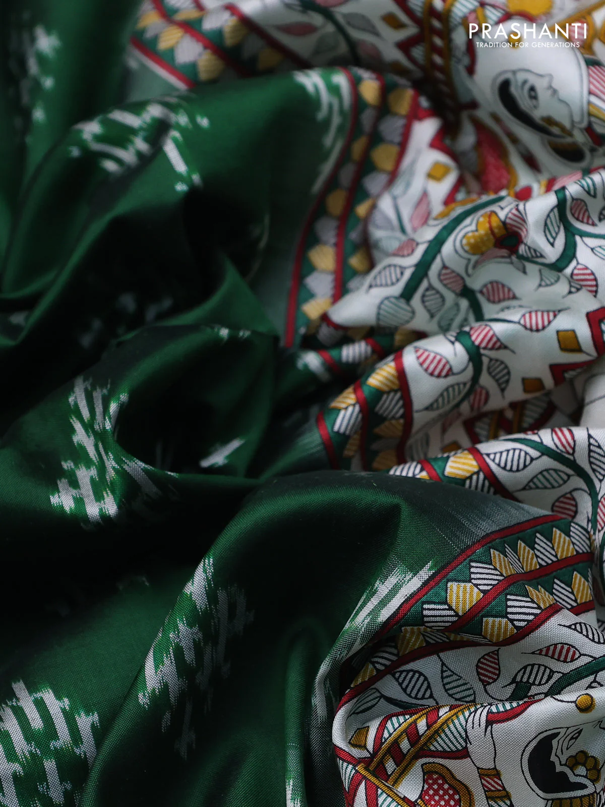 Pochampally silk saree green and off white with allover ikat woven buttas and madhubani prints - Image 3