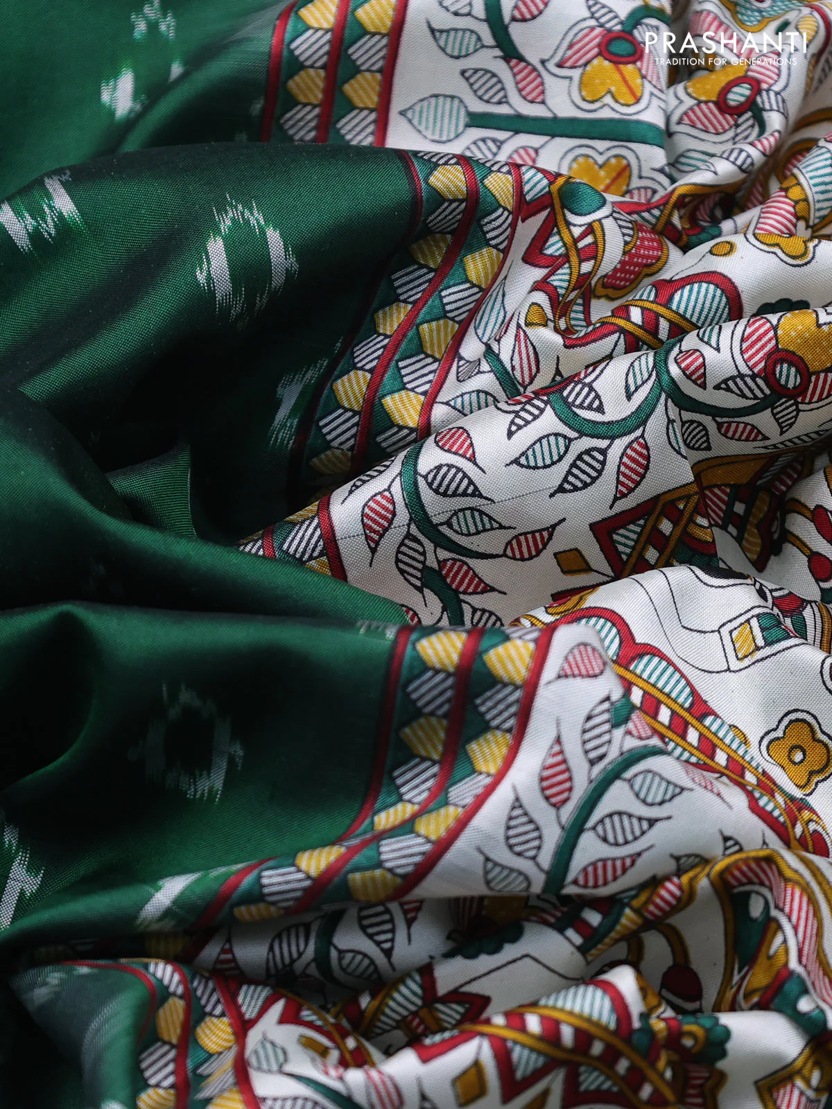 Pochampally silk saree green and off white with allover ikat woven buttas and madhubani prints - Image 3