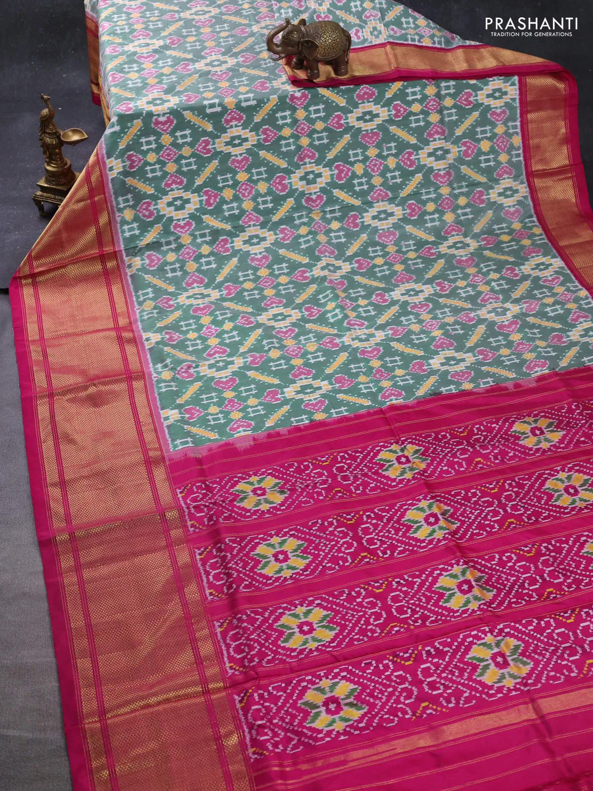 Pochampally silk saree green and pink with allover ikat weaves and long zari woven border - Image 2