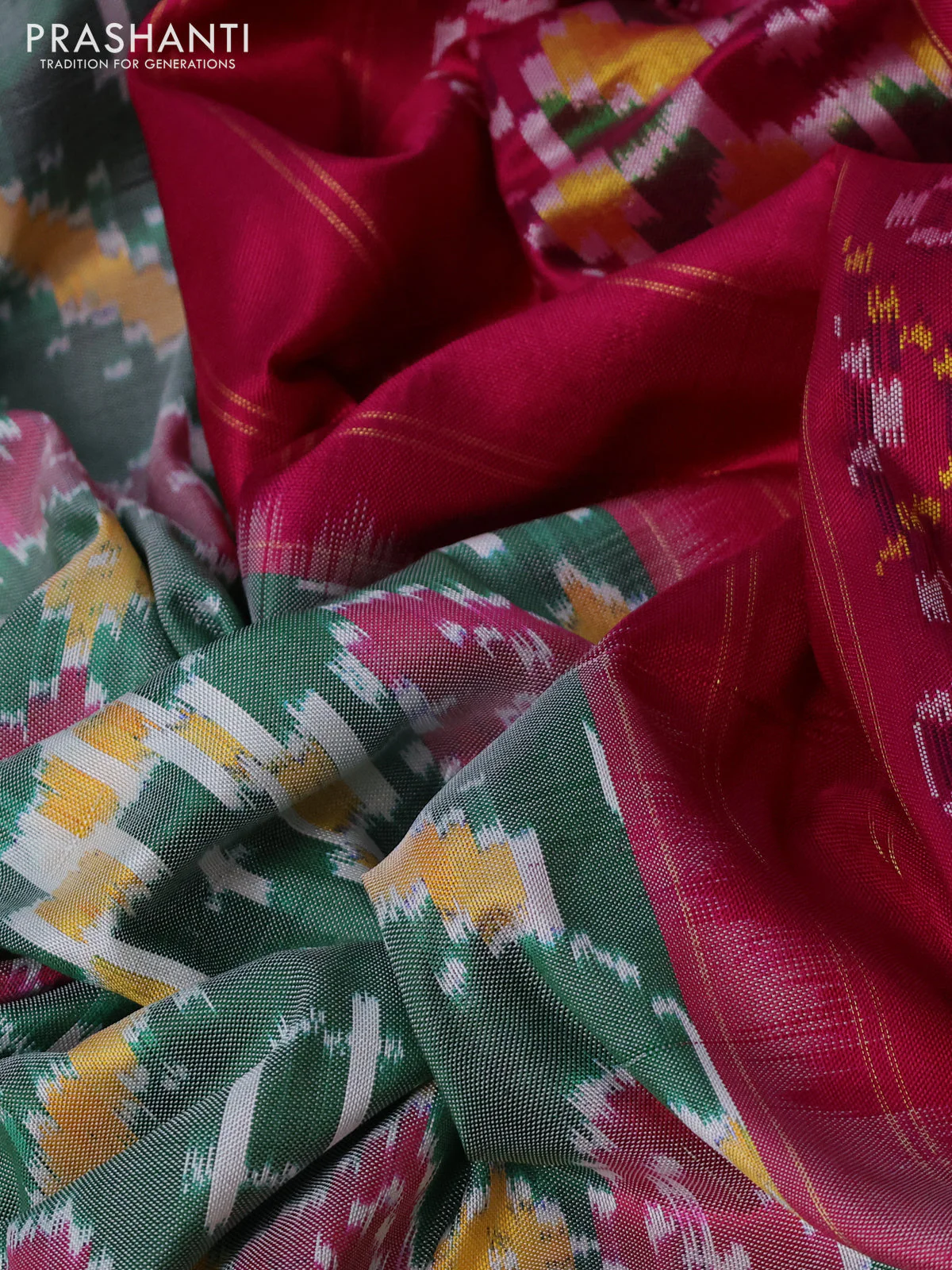 Pochampally silk saree green and pink with allover ikat weaves and long zari woven border - Image 3