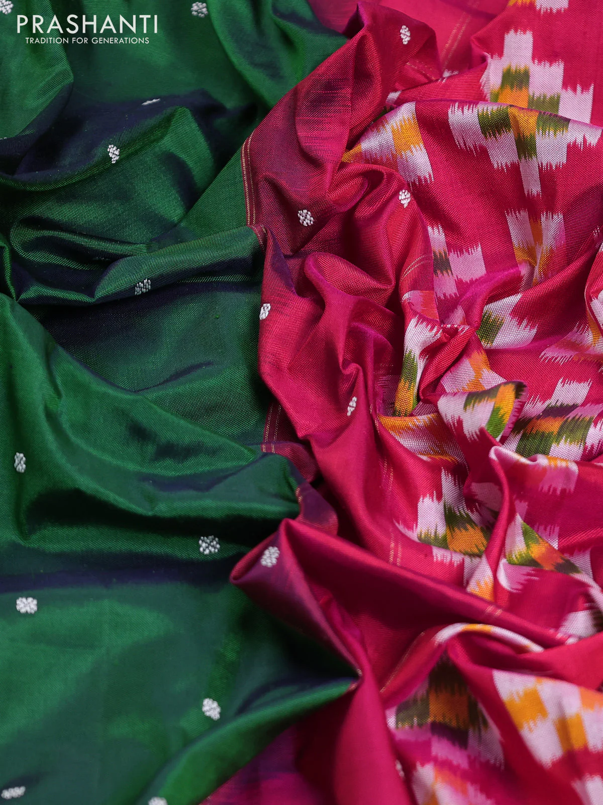 Pochampally silk saree green and pink with thread woven buttas and rettapet zari woven ikat style border - Image 3