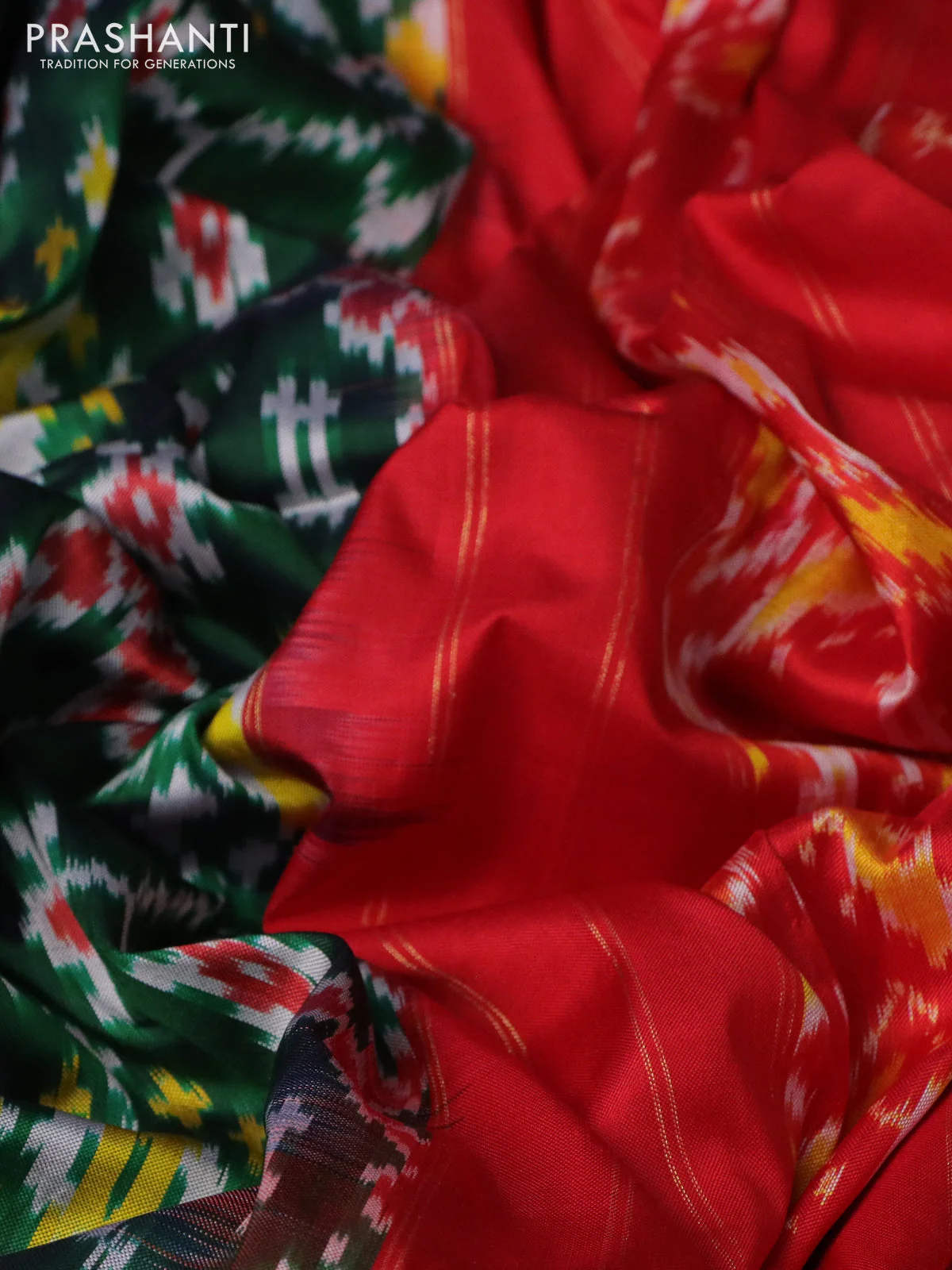Pochampally silk saree green and red with allover ikat weaves and long ikat woven zari border - Image 3