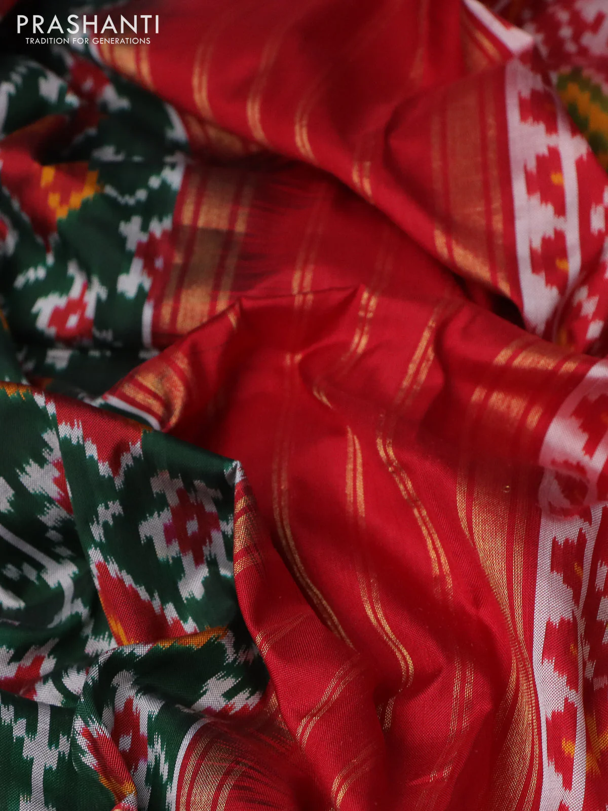 Pochampally silk saree green and red with allover ikat weaves and long zari woven ikat border - Image 3