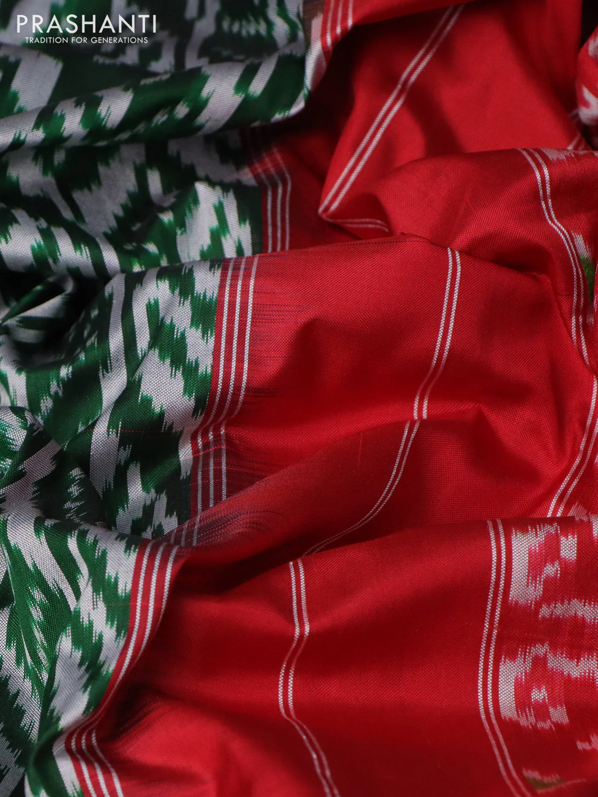 Pochampally silk saree green and red with allover ikat weaves and rettapet woven border - Image 3