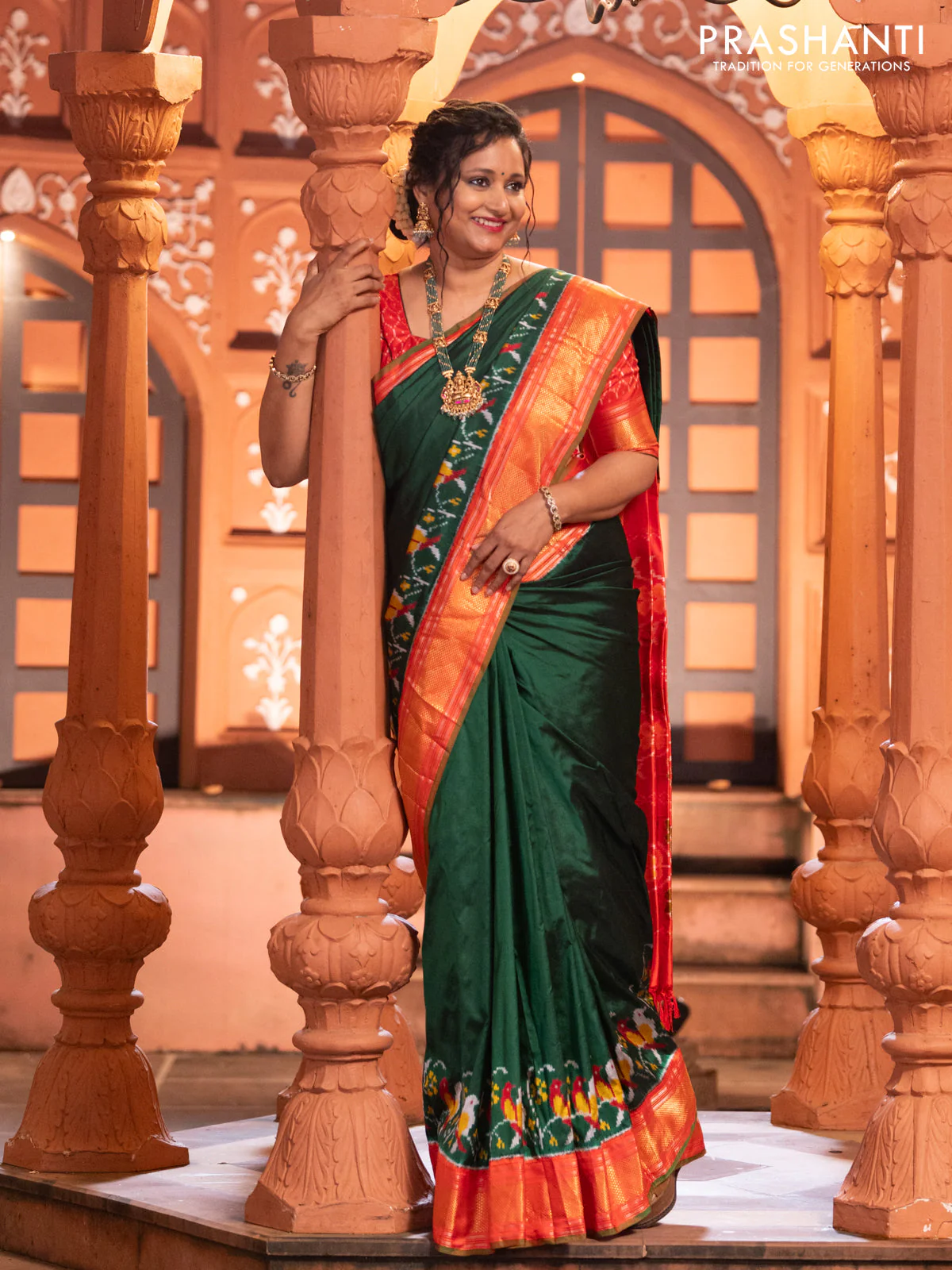 Pochampally silk saree green and red with plain body and long ikat design zari border - Image 4
