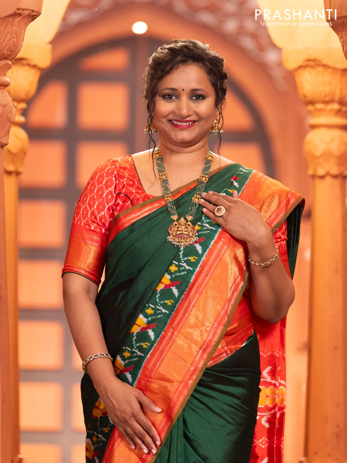 Pochampally silk saree green and red with plain body and long ikat design zari border - Image 5