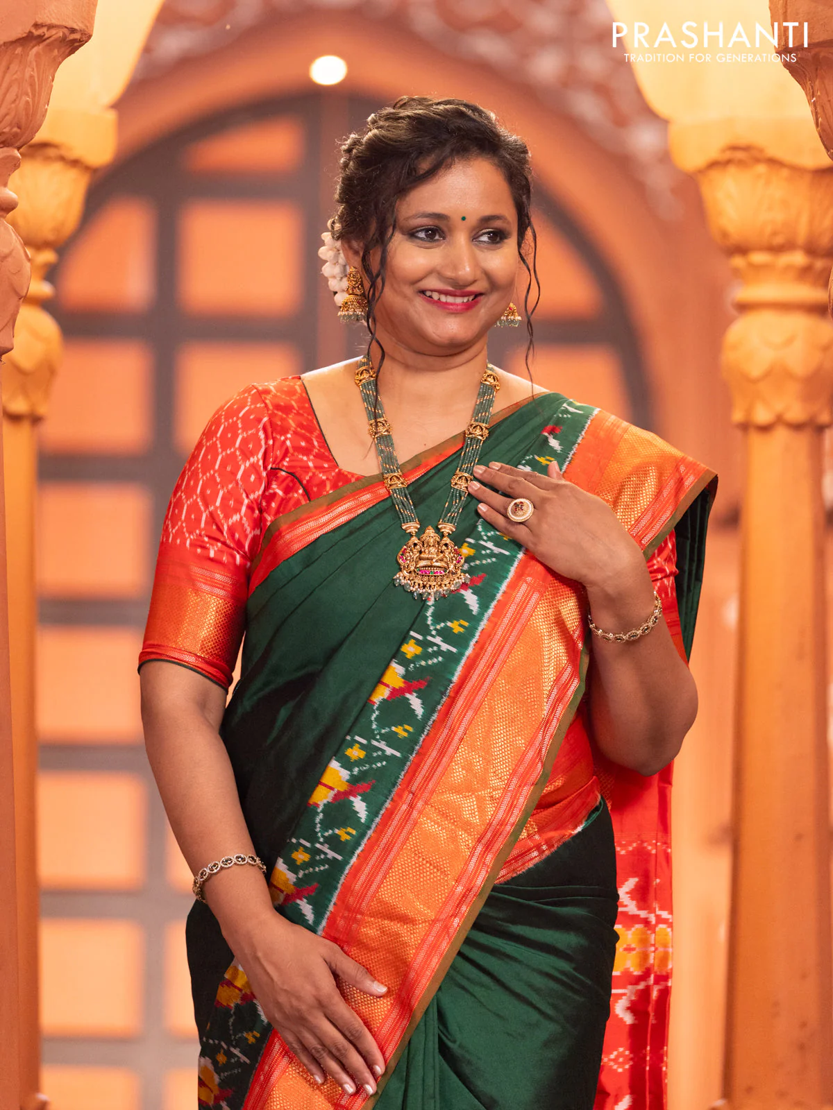 Pochampally silk saree green and red with plain body and long ikat design zari border - Image 6
