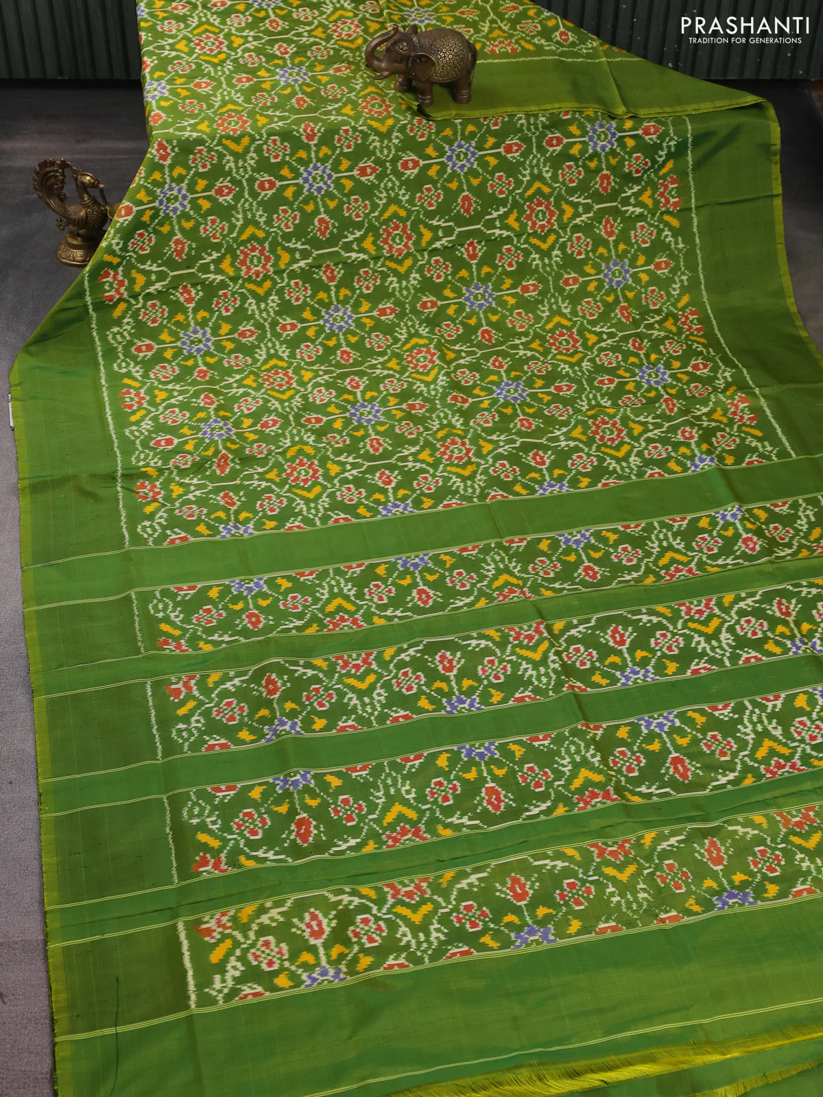 Pochampally silk saree green with allover ikat weaves and simple border - Image 2