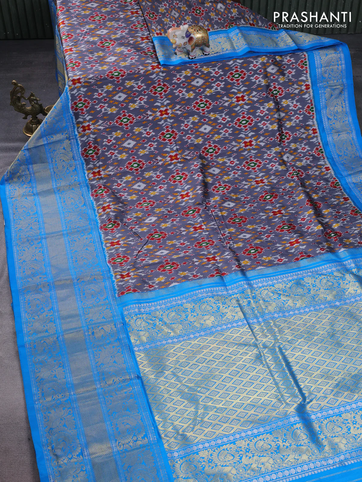 Pochampally silk saree grey and cs blue with allover ikat weaves and long silver & gold zari woven border - Image 2