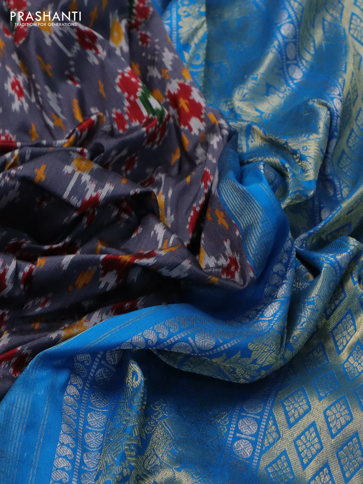 Pochampally silk saree grey and cs blue with allover ikat weaves and long silver & gold zari woven border - Image 3