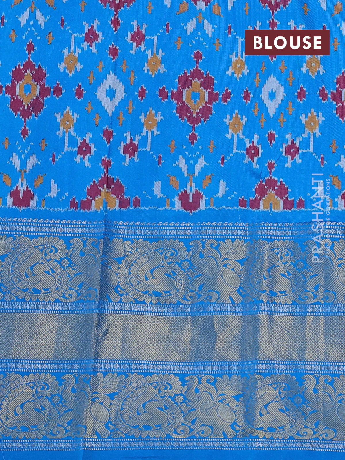 Pochampally silk saree grey and cs blue with allover ikat weaves and long silver & gold zari woven border - Image 4