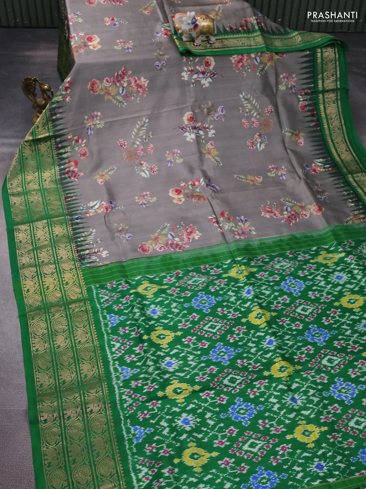Pochampally silk saree grey and green with allover floral digital prints and temple design zari woven border - Image 2
