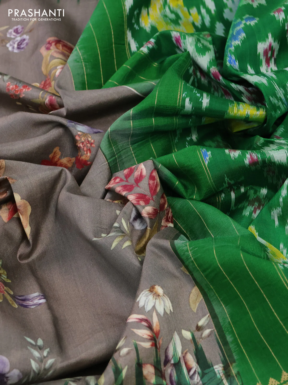 Pochampally silk saree grey and green with allover floral digital prints and temple design zari woven border - Image 3