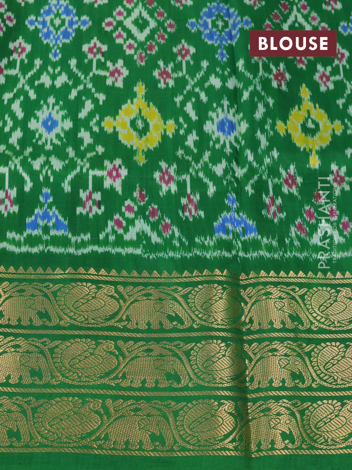 Pochampally silk saree grey and green with allover floral digital prints and temple design zari woven border - Image 4