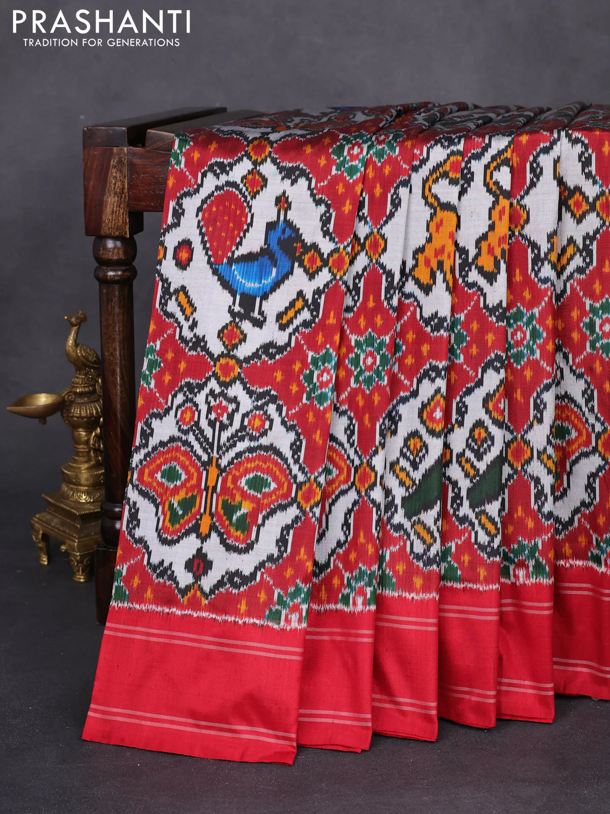 Pochampally silk saree grey and maroon with allover patola weaves and rettapet woven border