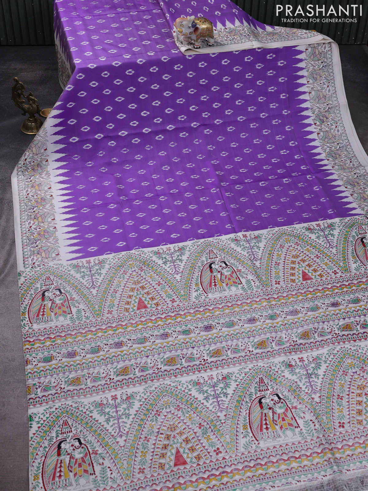 Pochampally silk saree lavender and cream with allover ikat woven buttas and madhubani prints - Image 2
