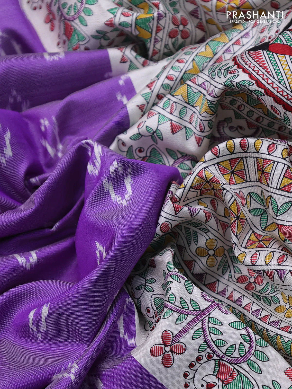 Pochampally silk saree lavender and cream with allover ikat woven buttas and madhubani prints - Image 3