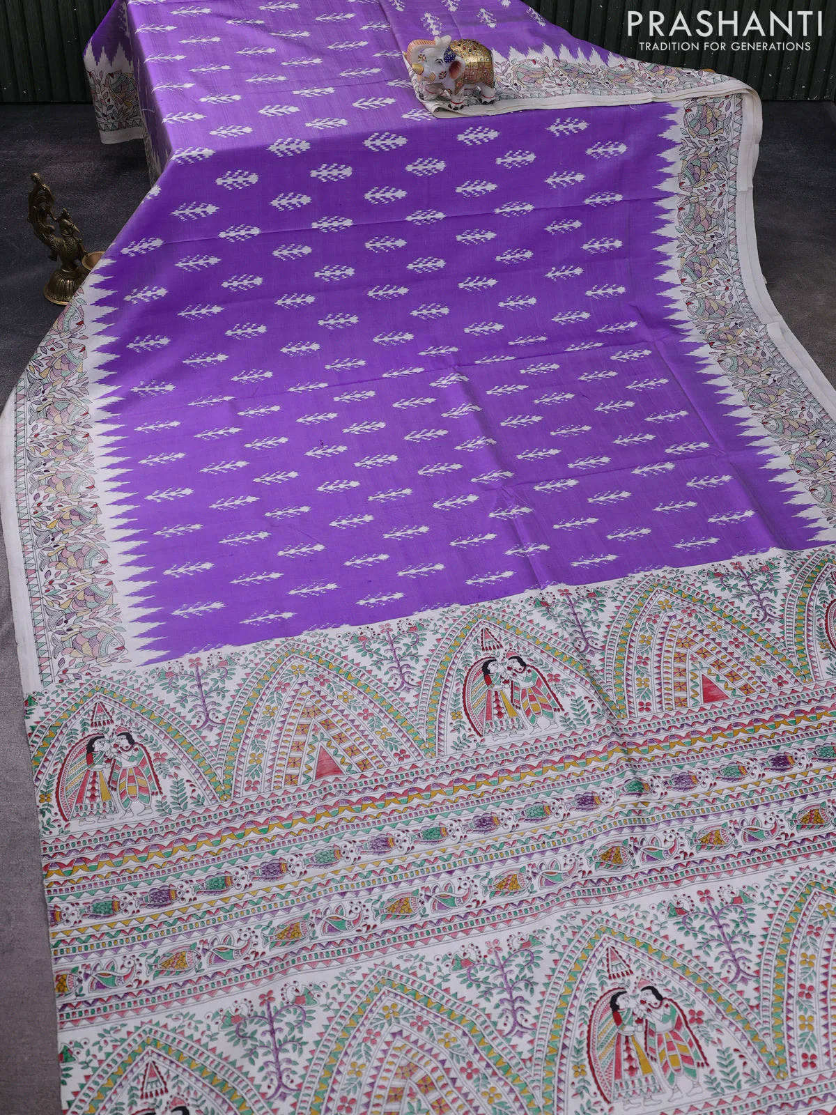 Pochampally silk saree lavender and cream with allover ikat woven buttas and madhubani prints - Image 2