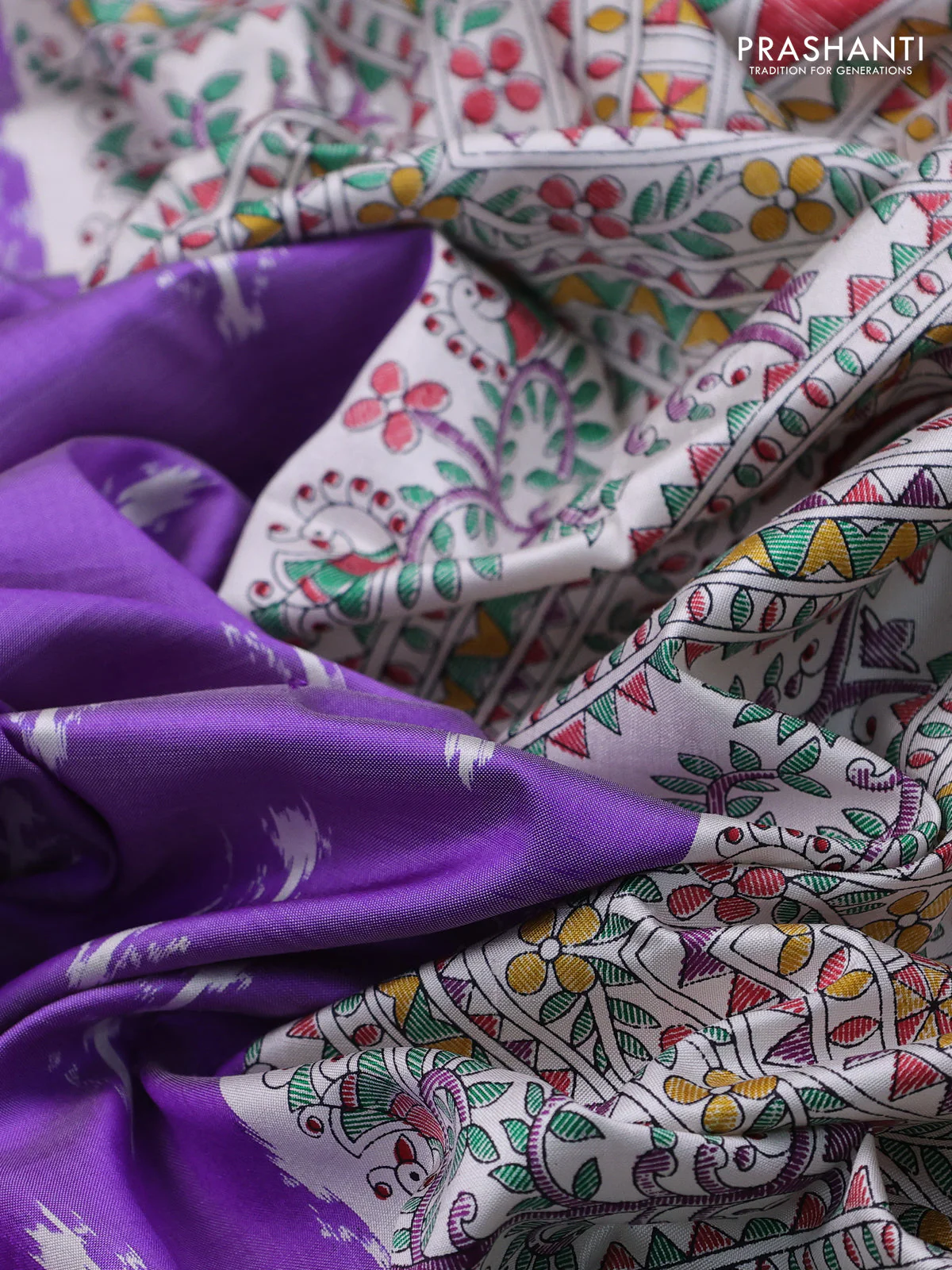 Pochampally silk saree lavender and cream with allover ikat woven buttas and madhubani prints - Image 3