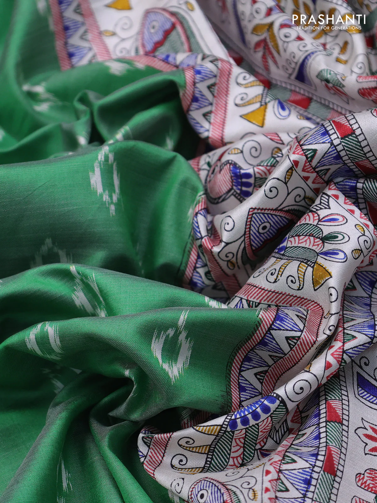 Pochampally silk saree light green and cream with allover ikat woven buttas and madhubani prints - Image 3