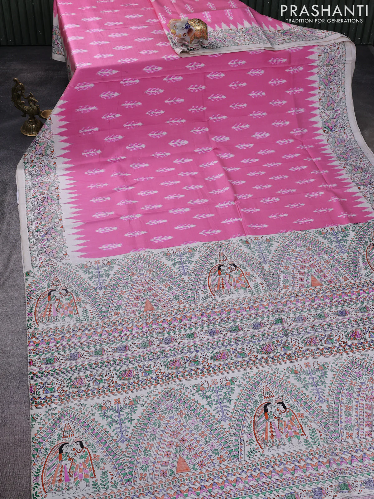 Pochampally silk saree light pink and cream with allover ikat woven buttas and madhubani prints - Image 2