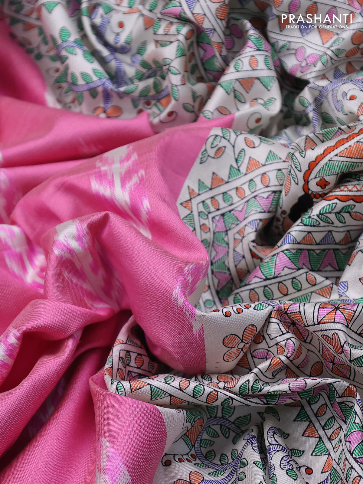 Pochampally silk saree light pink and cream with allover ikat woven buttas and madhubani prints - Image 3