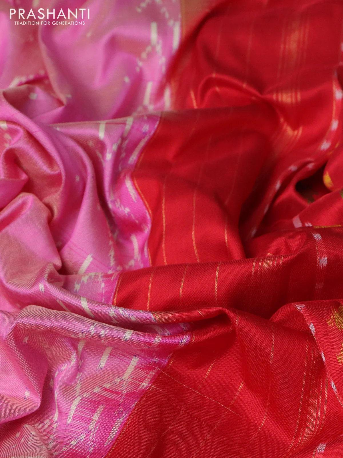 Pochampally silk saree light pink and red with allover ikat weaves and long ikat woven zari border - Image 3
