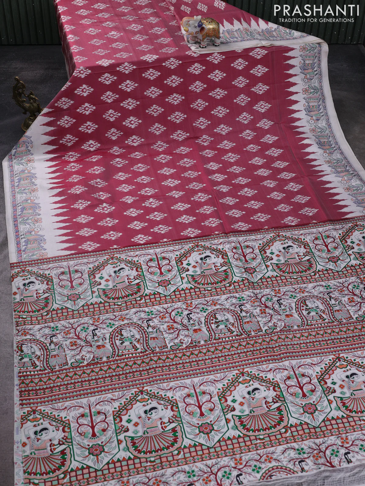 Pochampally silk saree maroon and cream with allover ikat woven buttas and madhubani prints - Image 2