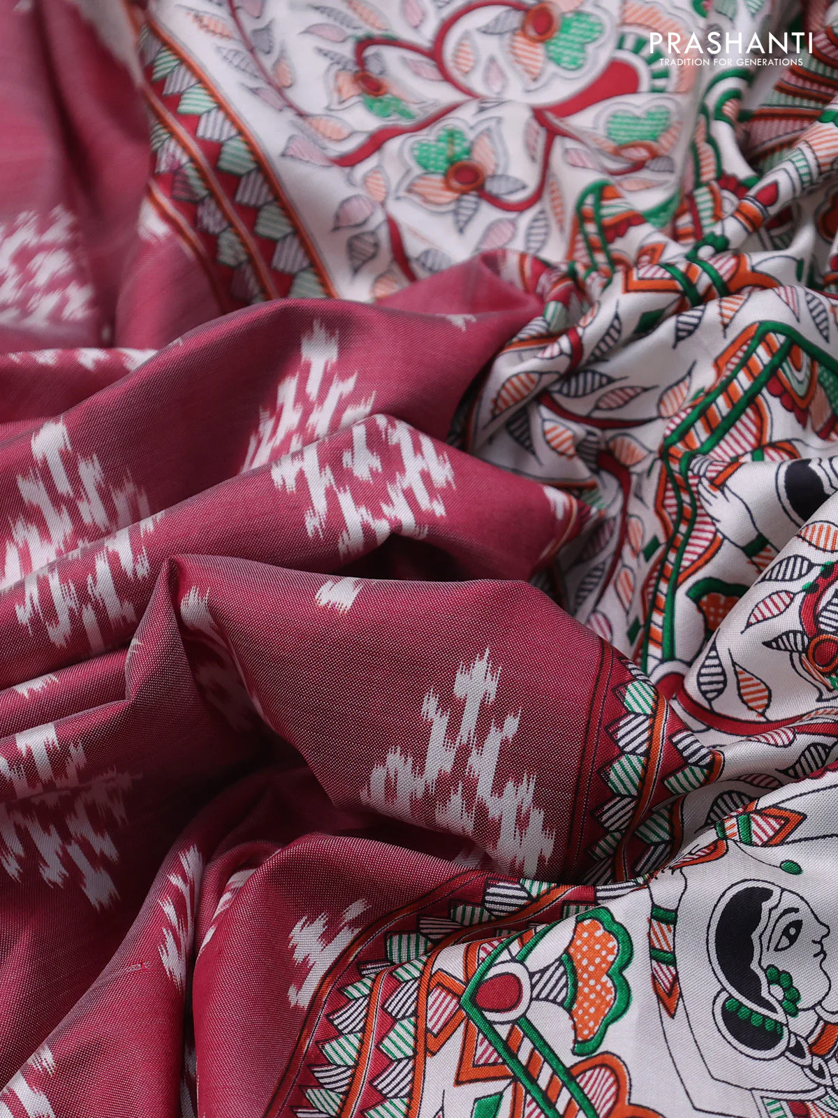 Pochampally silk saree maroon and cream with allover ikat woven buttas and madhubani prints - Image 3