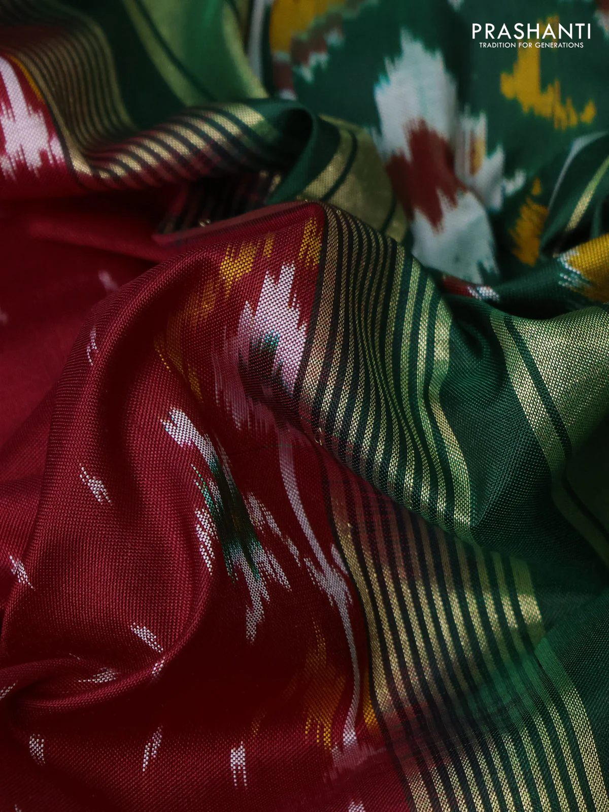 Pochampally silk saree maroon and green with allover ikat weaves and ikat woven zari border - Image 3