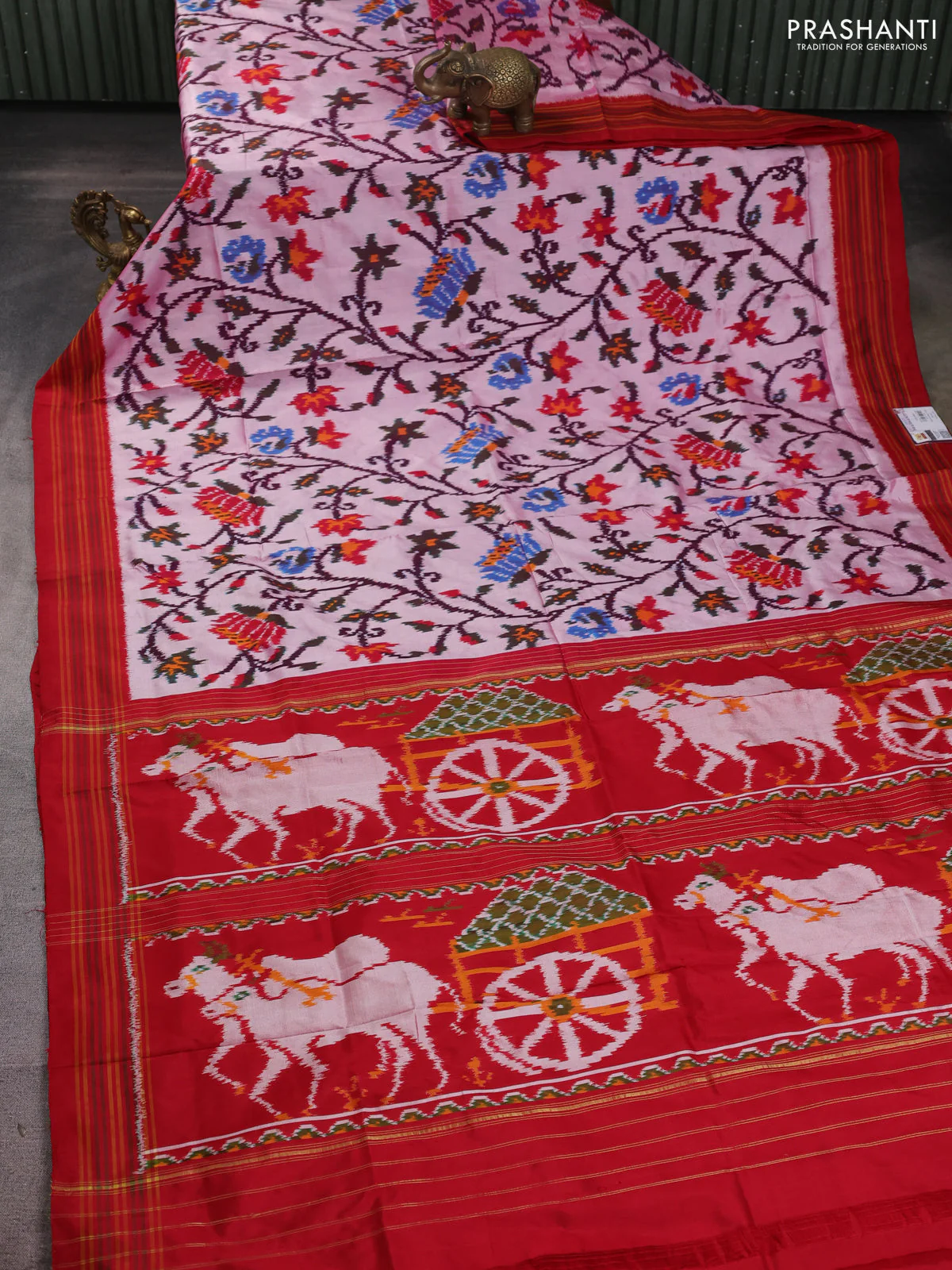 Pochampally silk saree mild pink and red with allover patola weaves and simple border - Image 2