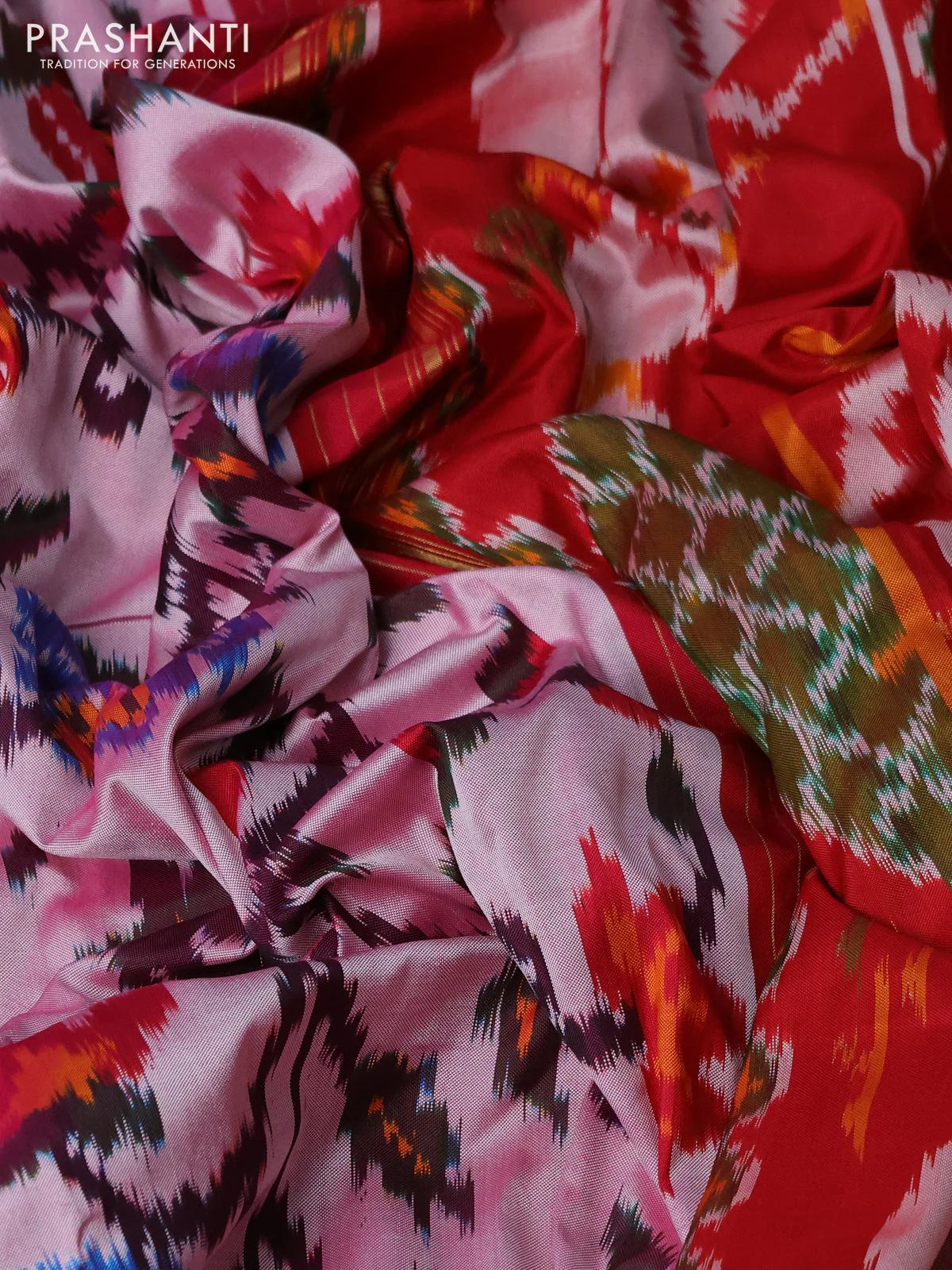 Pochampally silk saree mild pink and red with allover patola weaves and simple border - Image 3