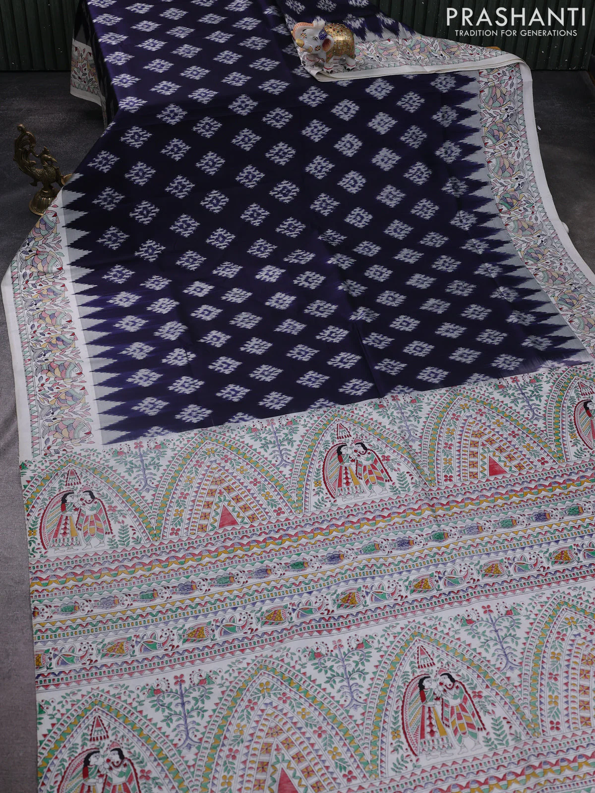 Pochampally silk saree navy blue and cream with allover ikat woven buttas and madhubani prints - Image 2