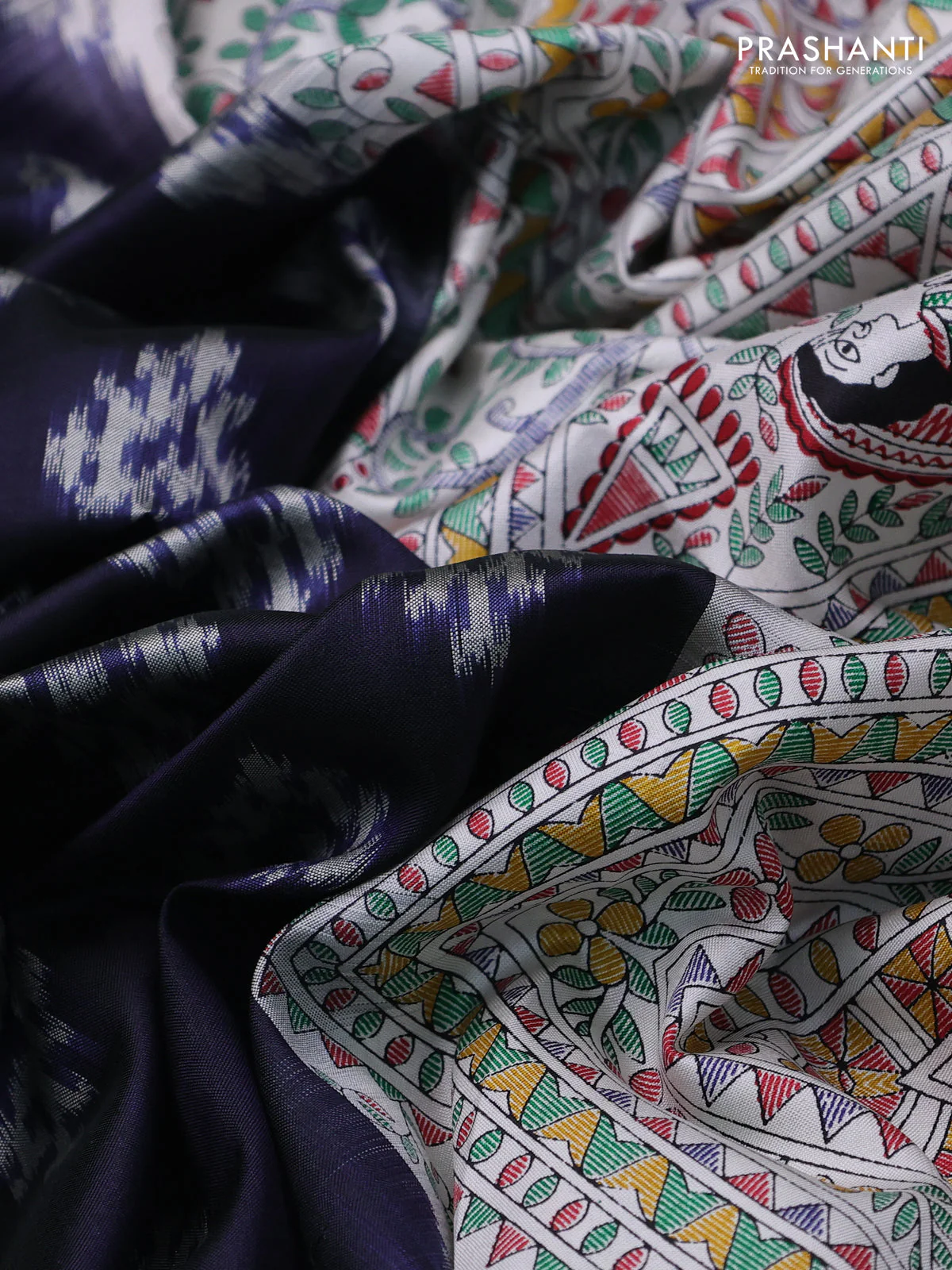 Pochampally silk saree navy blue and cream with allover ikat woven buttas and madhubani prints - Image 3