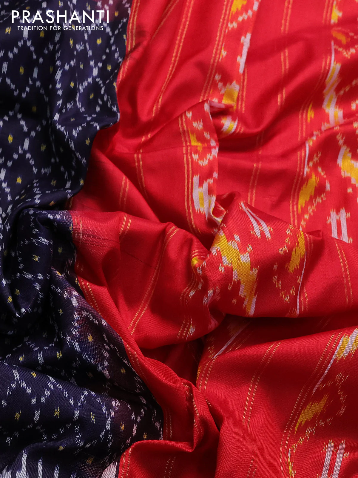 Pochampally silk saree navy blue and red with allover ikat prints and zari woven border - Image 3