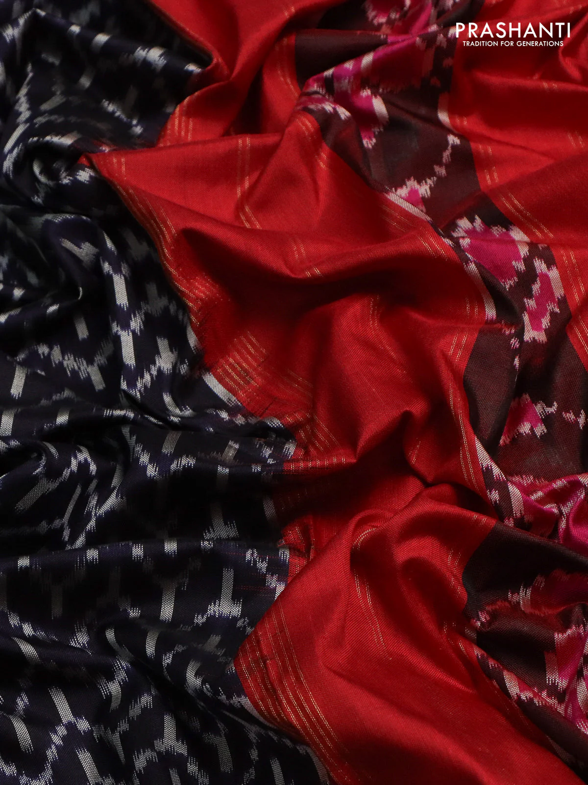 Pochampally silk saree navy blue and red with allover ikat weaves and long ikat woven rettapet zari border - Image 3