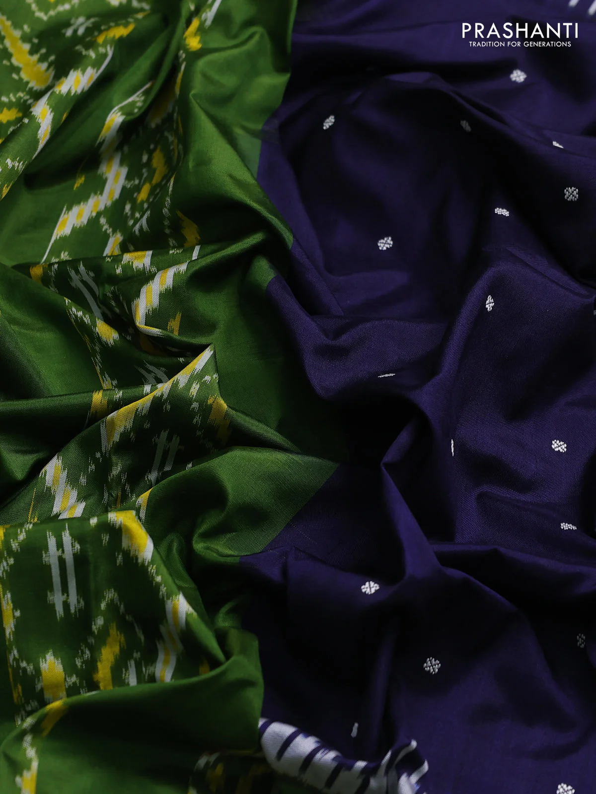 Pochampally silk saree navy blue and sap green with allover thread woven buttas and long ikat woven zari border - Image 3