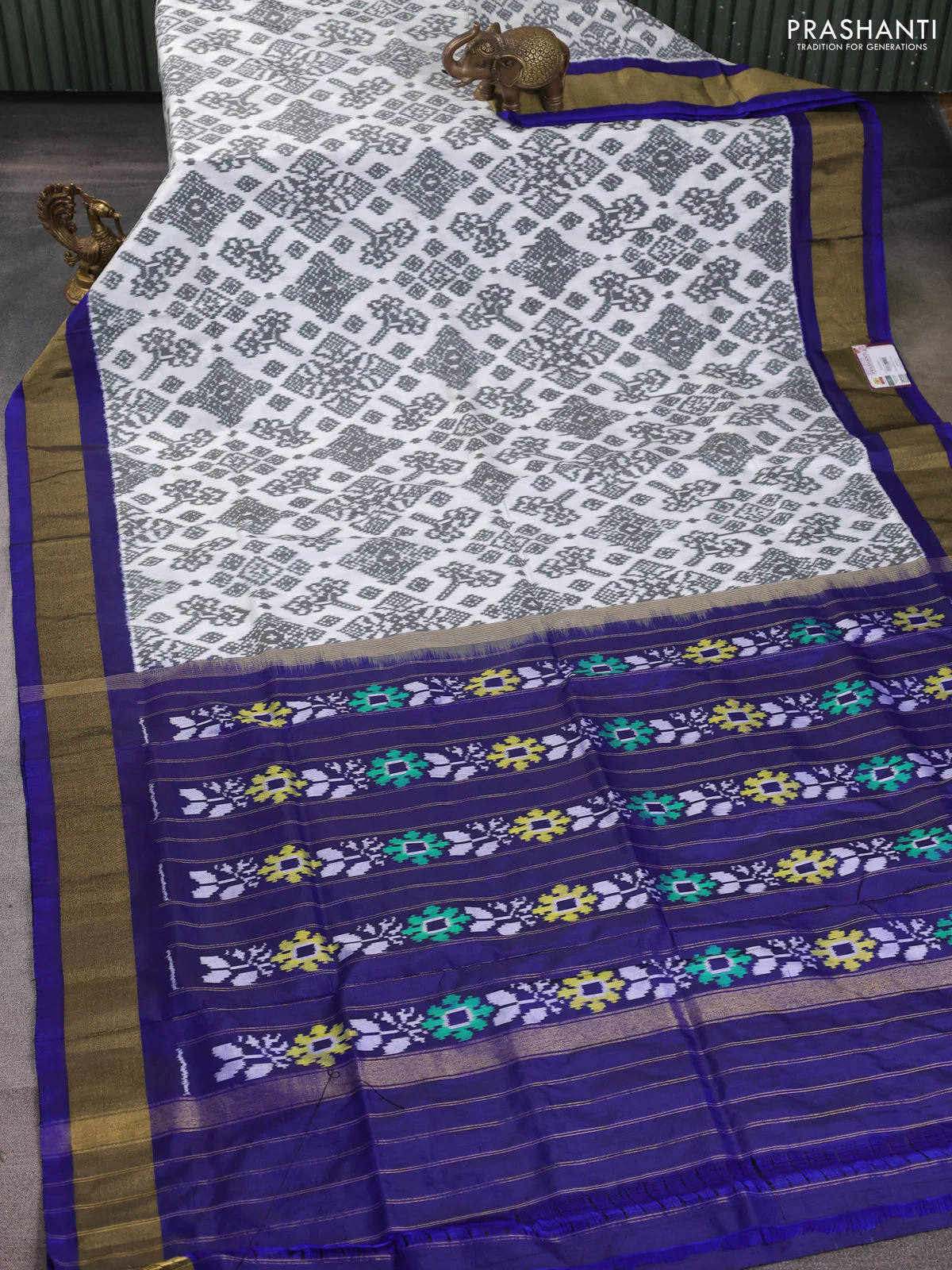 Pochampally silk saree off white grey and blue with allover ikat weaves and zari woven border - Image 2