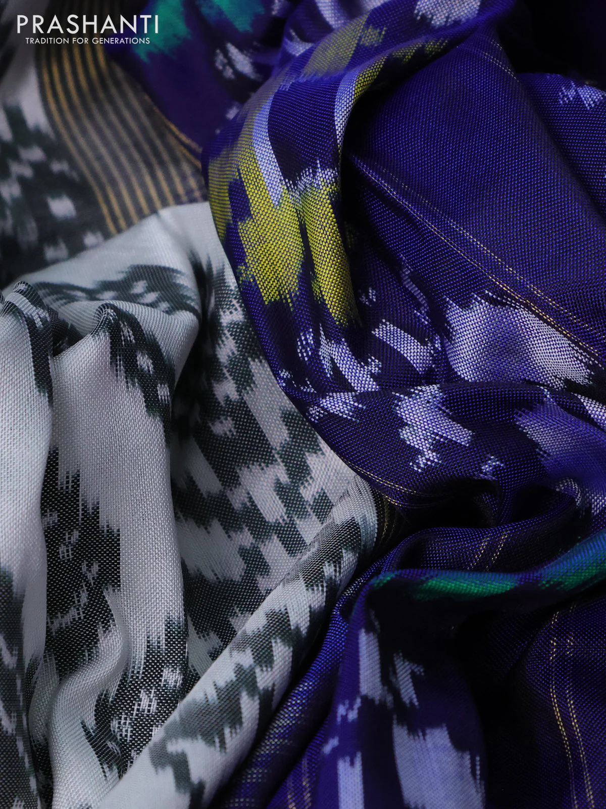 Pochampally silk saree off white grey and blue with allover ikat weaves and zari woven border - Image 3