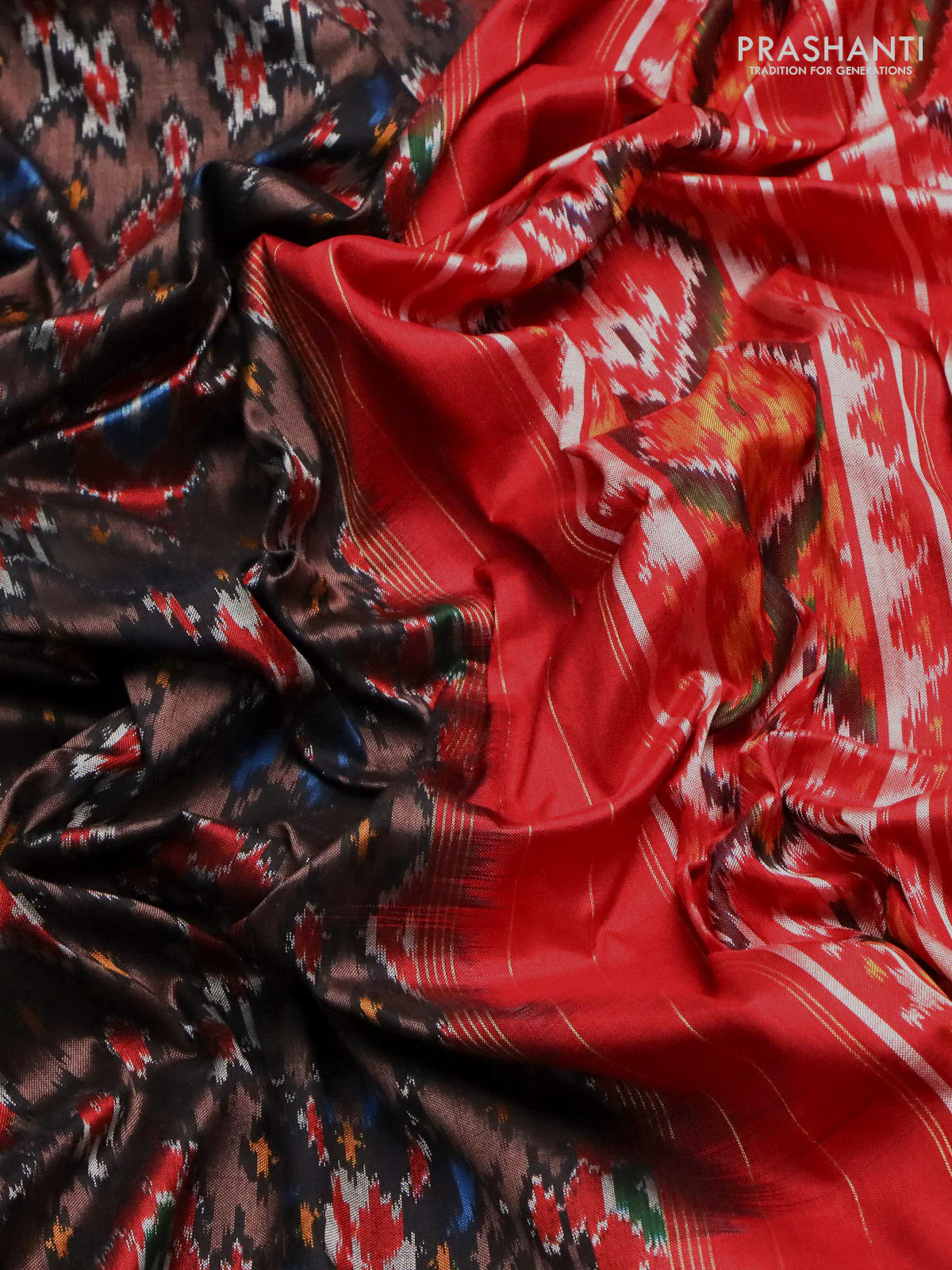 Pochampally silk saree pastel brown and red with allover ikat weaves and long ikat woven zari border - Image 3