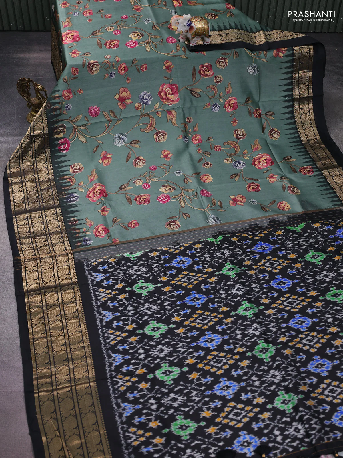 Pochampally silk saree pastel green and black with allover floral digital prints and temple design annam zari woven border - Image 2
