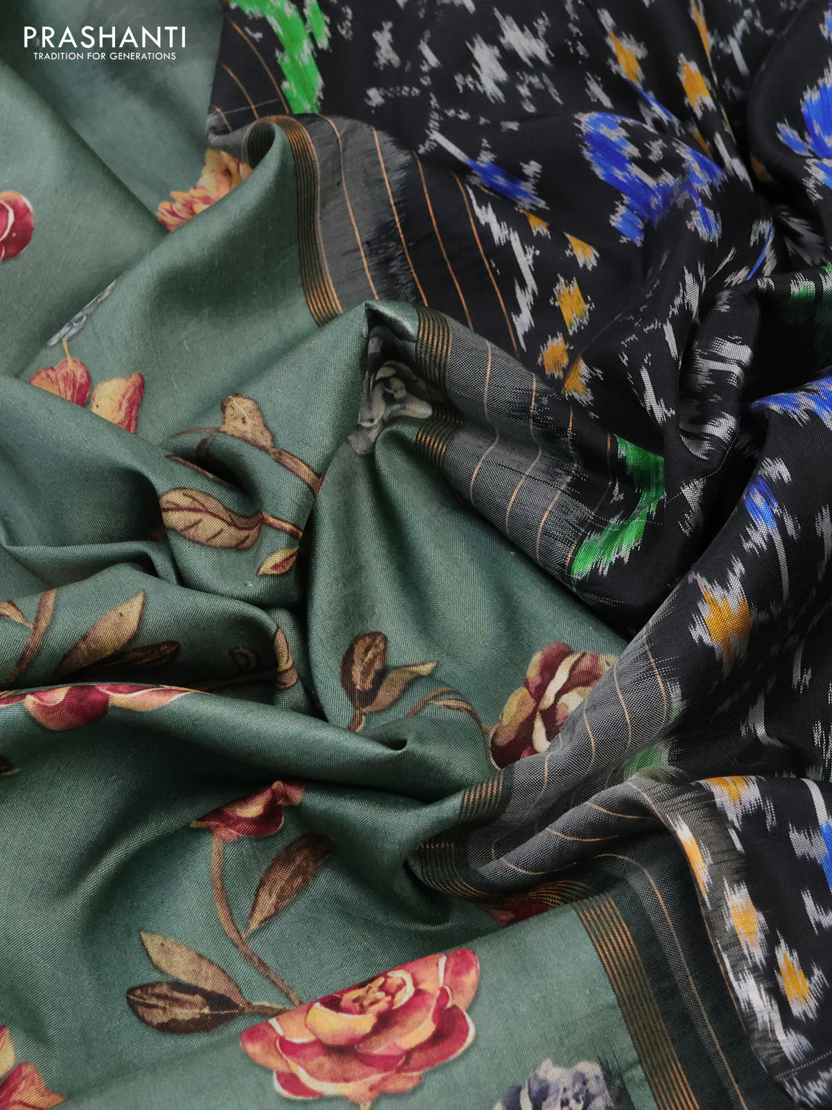 Pochampally silk saree pastel green and black with allover floral digital prints and temple design annam zari woven border - Image 3
